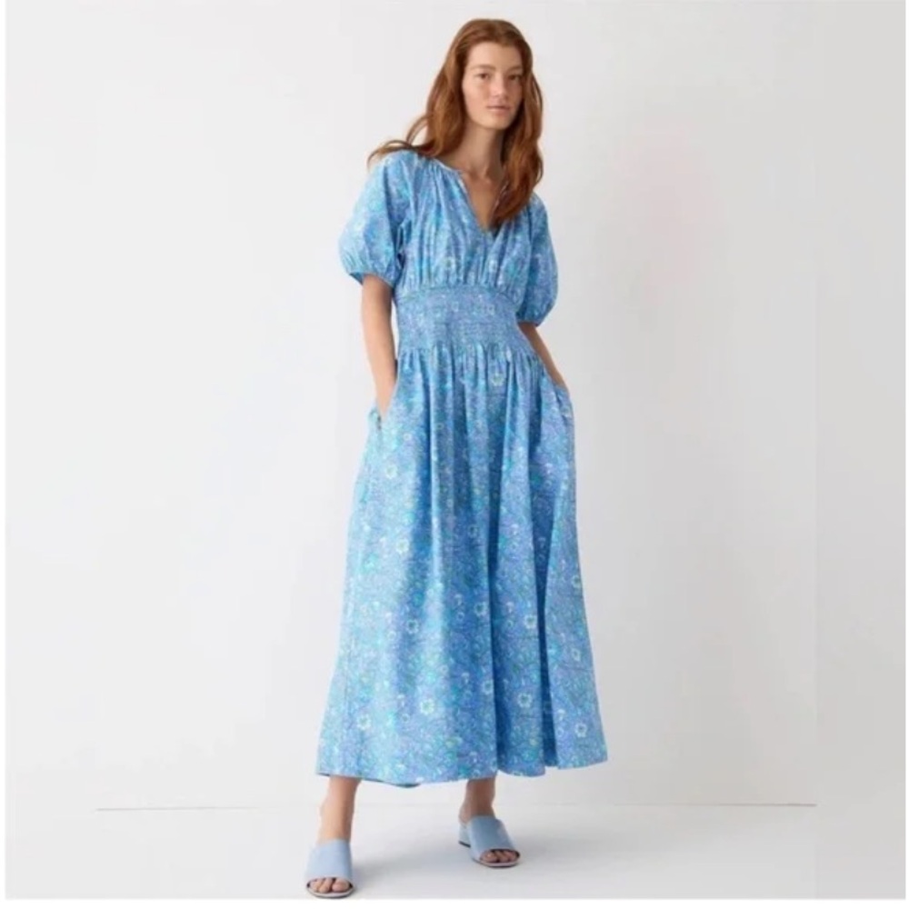J. Crew Size Small Provence Smocked Waist Midi Dress Blue Floral